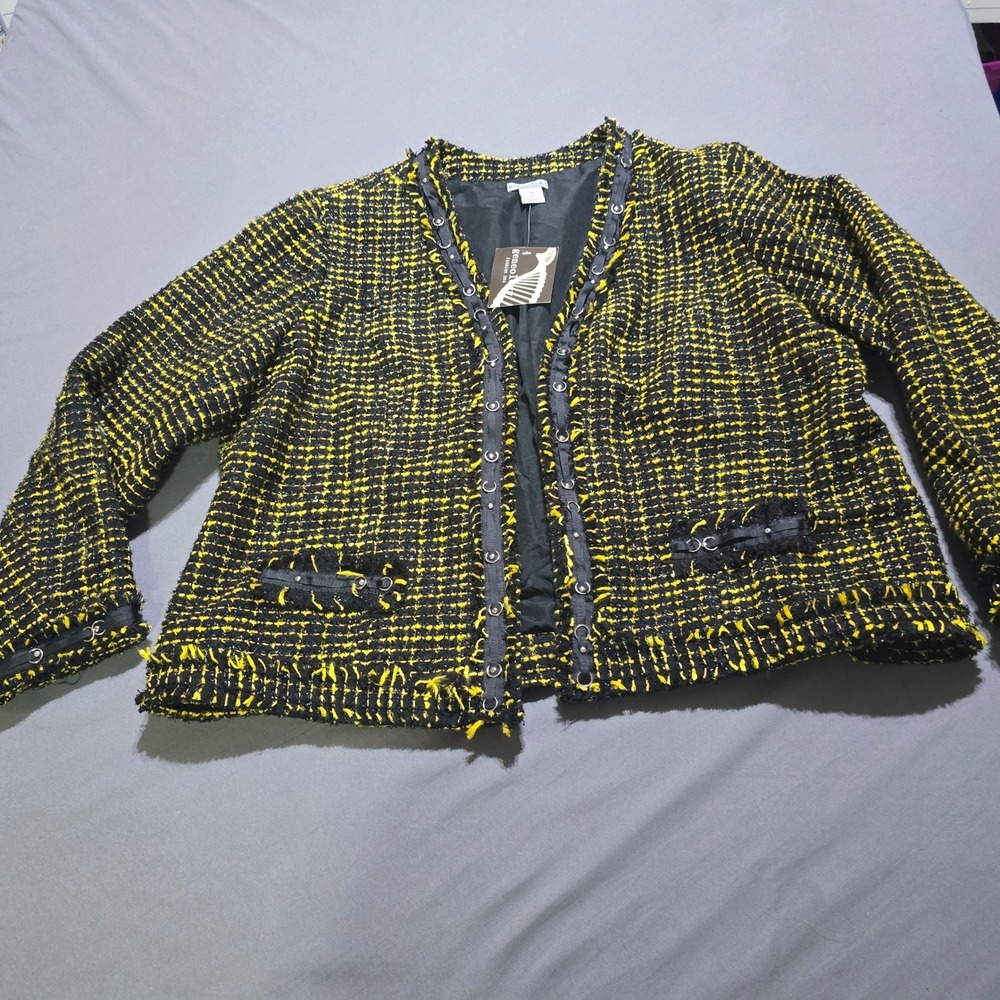 Geneology Tweed Jacket Womens 2X Yellow Black Fringe Hook Eye Blazer AQ00185